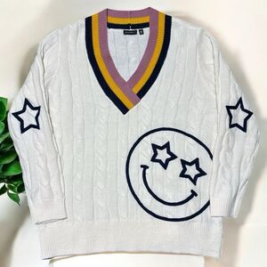 Torrid White Cable Knit Sweater with Multicolor Trim